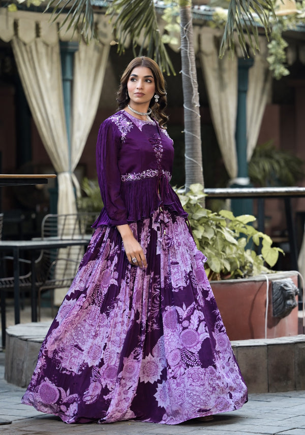 Purple Lengha with print and printed short top with jacket