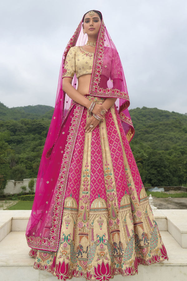 Cream Kanjivaram Bandej Lehenga with Pink Dupatta