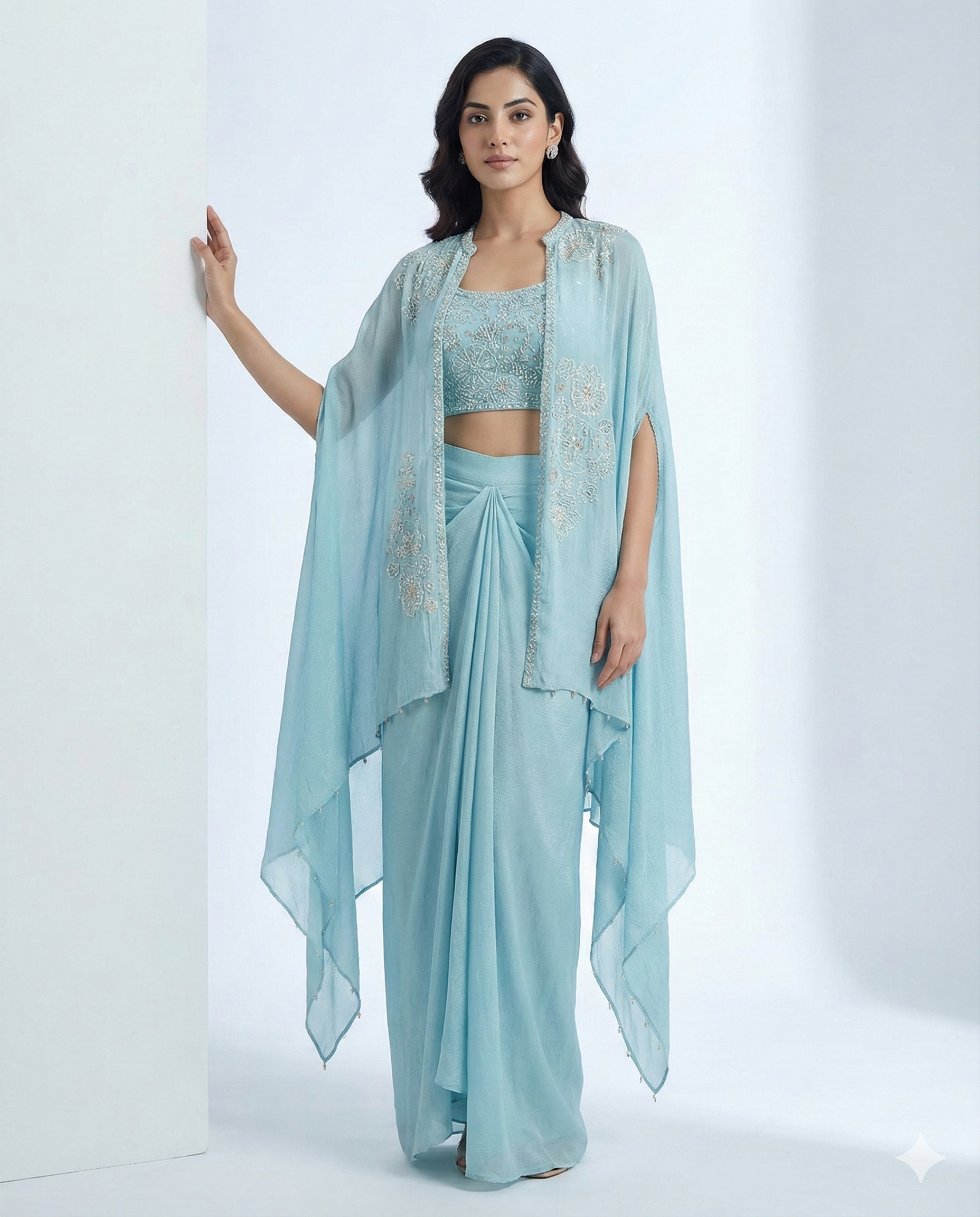 Georgette Ensemble with Heavy Hand Moti & Cutdana Work | Tulip Skirt w