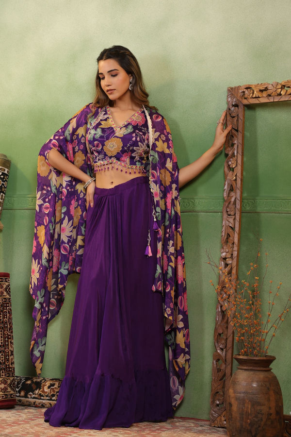 Dark Purple Floral Crop Top with Cape and Flared Pants