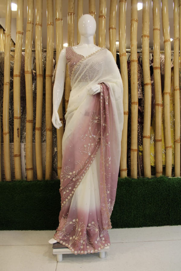 Lilac and White Designer Partywear Sarees