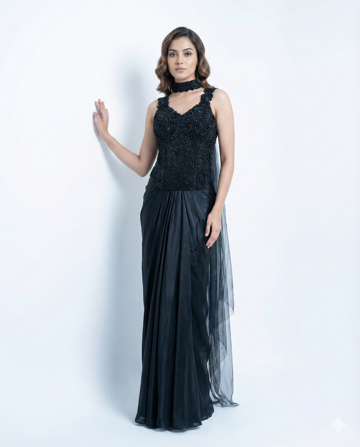 Crepe Tulip Skirt with Heavy Cord-Fit Blouse & Black Cutdana Work | Ch