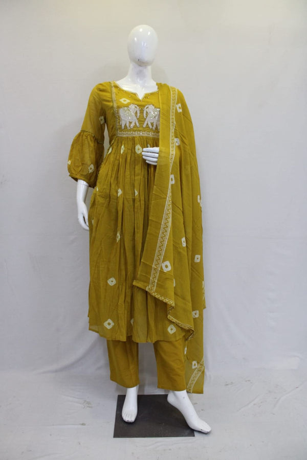 Elephant Motif Yellow Mul Cotton Kurti