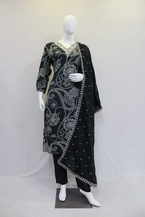 Black Threadswork Muslin Kurti Set