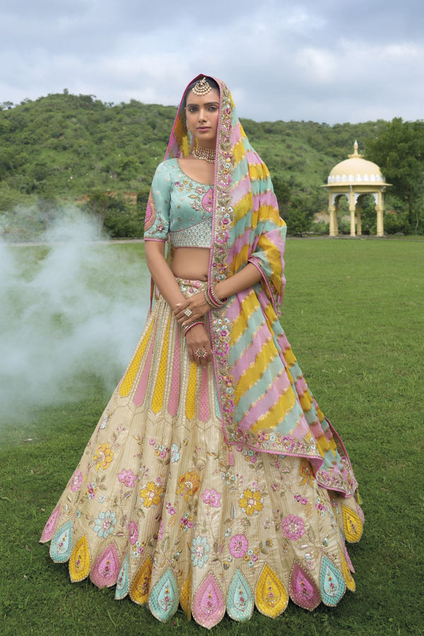Multicolor Zari Silk Lehenga with Sea Blue Blouse & Organza Dupatta