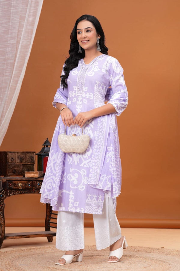 Geometric Lavendar Cotton Kurti Set
