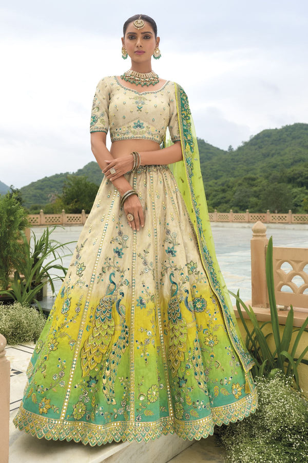 Firozi Zari Tissue Lehenga with Cream Blouse & Net Dupatta