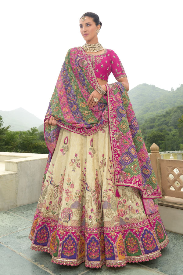 Cream Zari Tissue Lehenga with Pink Blouse & Rangkart Dupatta
