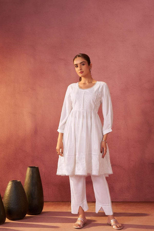 White Chikankari Chinon Kurti Set