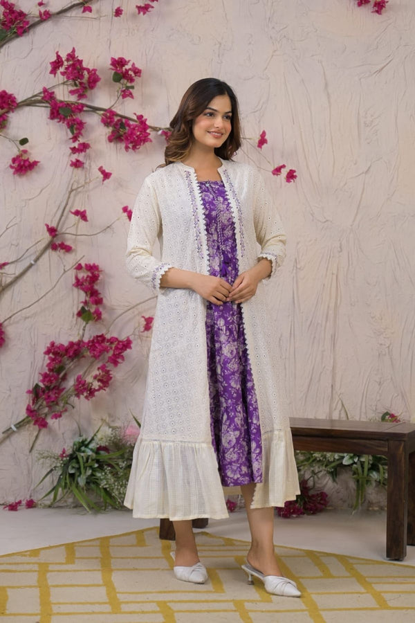 Deep Purple Cotton Kurti with White Jacket