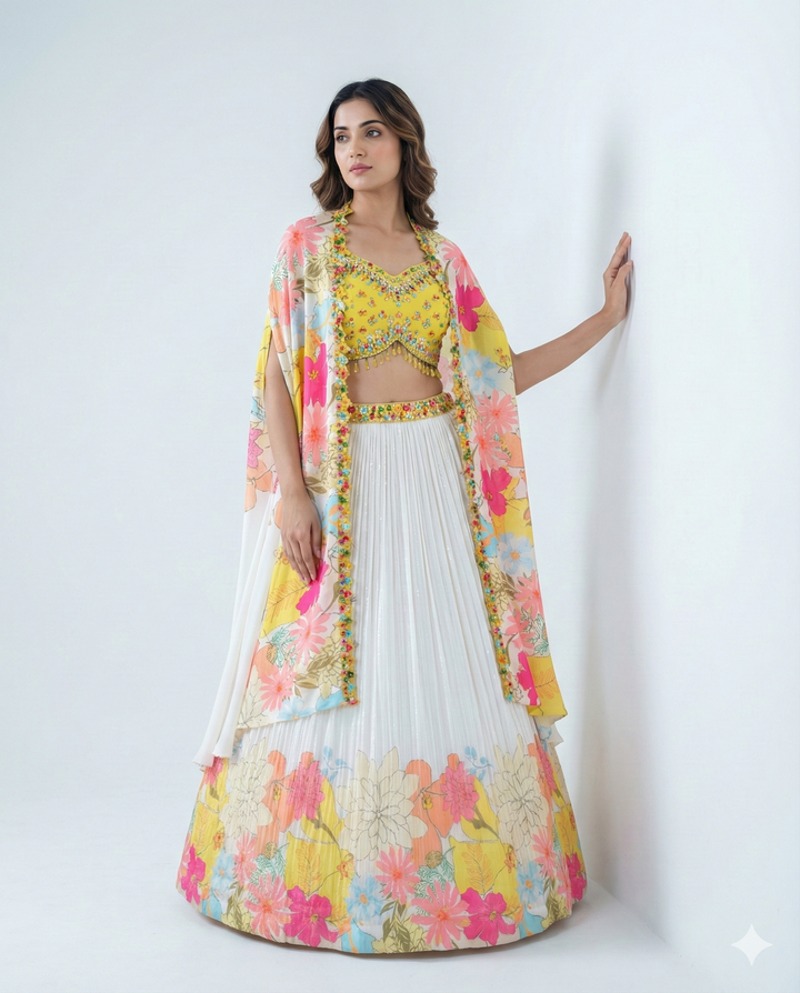 Colorful Chinnon Lehenga with Heavy Sequin Work & Yellow Contrast Blou