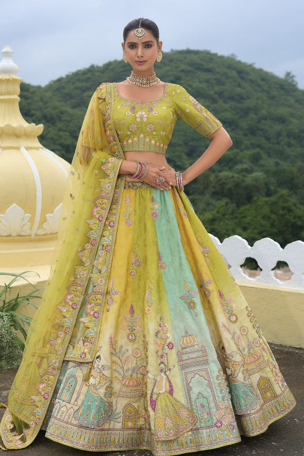 Shaded Yellow Viscose Lehenga with Green Blouse & Net Dupatta