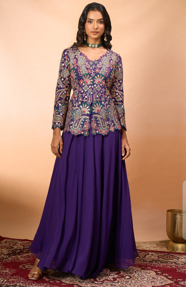 strapless open back dress Purple georgette Indo-Western with pitta and sequins work main image 0