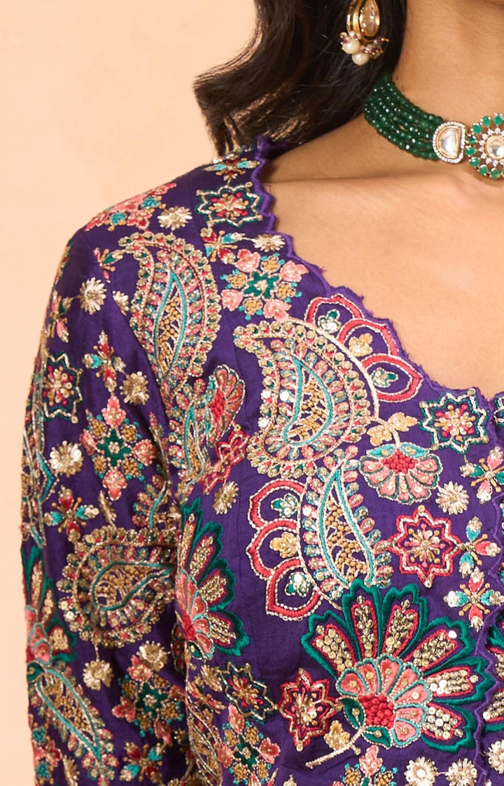 Purple Indo-Western Ensemble with Mrunal Rao Pattern & Multicolor Thre