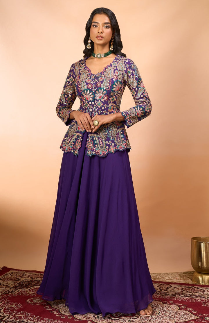 Purple Indo-Western Ensemble with Mrunal Rao Pattern & Multicolor Thre