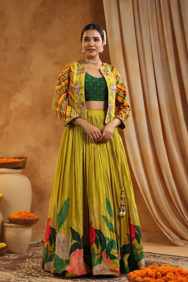 Green Color Lengha With Multi Color Jacket