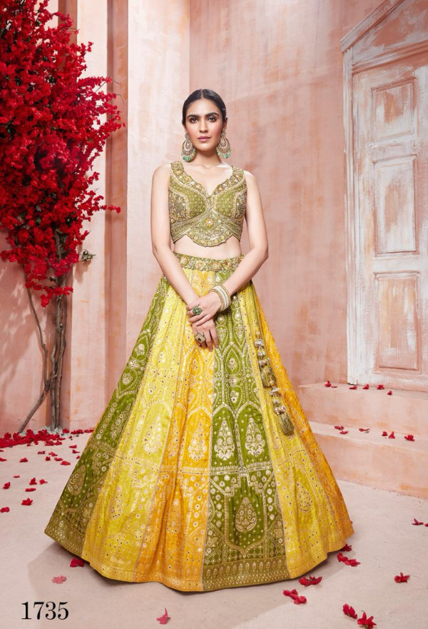 Green And Yellow Banarsi Lengha